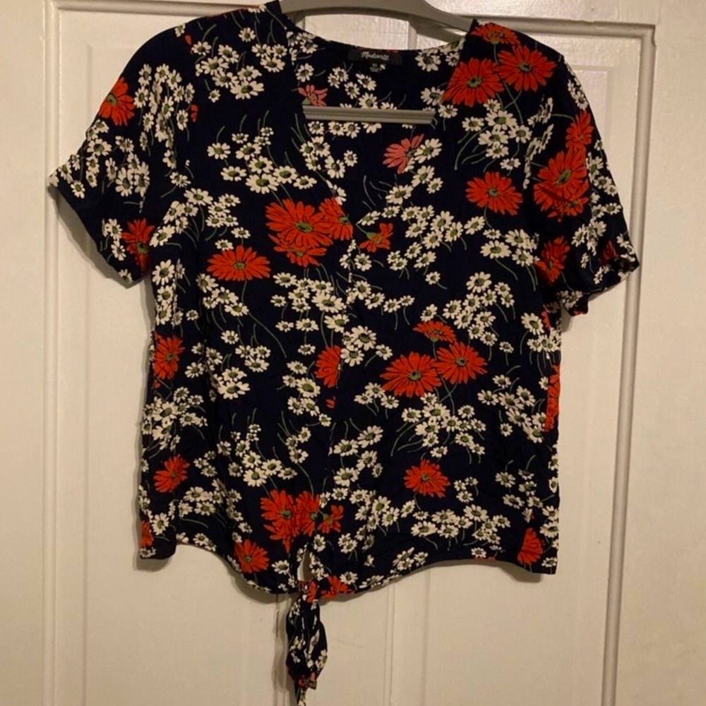 Madewell Novel Tie-Front Top Hillside Daisies V Neck Top Navy Red White Size XS